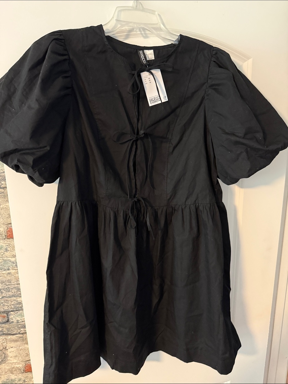 H&M Black Puff-Sleeve Tie-Front Mini Dress